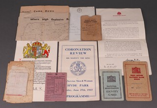 An Ex Servicemen and Women's Coronation Review Programme Hyde Park 1937, copy of address made by George VI, an Evacuee's Host certificate, identity card and other ephemera 