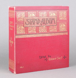A red stamp album of GB and world stamps to include 1d black and 2d blue stamps, British Commonwealth and Europe