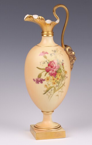 A Royal Worcester blush ivory ground ewer hand painted carnations, gilt handle and scalloped top, the base marked 1144, 26cm 