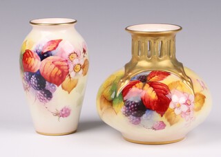 A Royal Worcester blush ivory ground vase of squat form hand painted  blackberries signed by K Blake the base marked H306 9cm and 1 other G461 10cm 