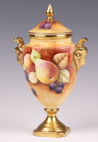 A Coalport twin handled urn and cover painted pears and grapes by Carole Gidman 20cm 