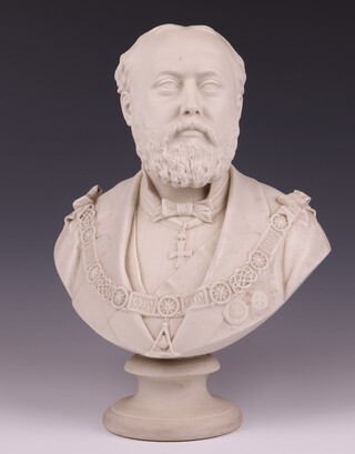 W. T. Copeland & Sons, a Parian head and shoulders portrait bust of Edward Prince of Wales as Grand Master of The United Grand Lodge of England, wearing chains, raised on a socle base marked W. T. Copeland & Sons Pub. May 1876 L. A. Malemper Sculp. 41cm 