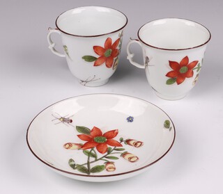 A pair of Meissen porcelain cups and saucers decorated flowers and insects 