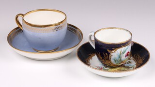 A Sevres porcelain blue cup and saucer with gilt banding, the base incised Goy together with a Sevres style cup and saucer with panel decoration of birds  
