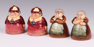 A pair of Royal Doulton condiments, salt "Votes for Women" D7066 and pepper "Toil for Men" D7067 and ditto "Tweedle Dee - Contrary Wise" D7121 and "Tweedle Dum - No How" D7122 8cm 