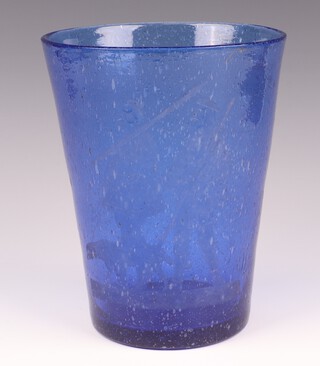 A blue etched soda glass vase decorated figures of huntsman 22cm 