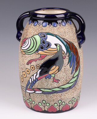 An "Amphora" Czechoslovakian pottery twin handled vase decorated 2 birds, impressed 11614 27cm 