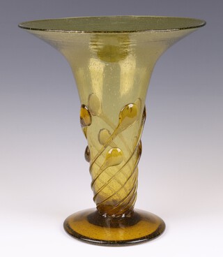A yellow soda glass trumpet shaped vase with stylised decoration on a circular base 31cm 