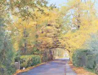 Alison Margaret Dickens (British, 1917-2007), "Autumn, East Horsley, Forest Road", oil on canvas-board, signed and dated 1984 recto, titled verso, 34cm x 44cm, within a gilt frame.	