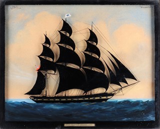 John May, "The Cutty Sark, 1861", 19th century reverse glass painting, signed, titled, dated and inscribed "Portsmouth", 30cm x 37cm, within a birdseye maple frame 
