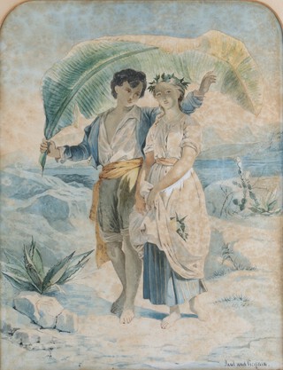 After Joseph Henri FranÃ§ois van Lerius (Belgian, 1823-1876) â€“ â€˜Paul and Virginiaâ€™, 19th century watercolour, titled, 34cm x 26cm, within a gilt composition frame.