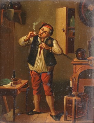 Flemish School, A Man smoking a Pipe in an Interior setting, oil on metal, 15cm x 12cm, within a gilt composition frame.