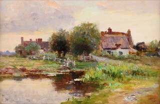 Ernest Charles Walbourn (British, 1872-1927), Landscape with Pond and Houses, early 20th century oil on canvas, signed with studio stamp, 25cm x 38cm, within a gilt composition frame.