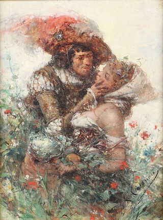 Antonio Salvador Casanova Y Estorach (Spanish, 1847-1896), "The Kiss", oil on panel, signed recto, Christies stencil and titled gallery label verso, 23cm x 17cm, within a gilt composition frame. Provenance: Christies 22nd March 1988; The Carroll Gallery; John L. Laird, Esq.