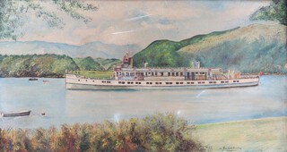 W. Richardson, British School, Steamboat on a Lake, probably Windermere, 20th century oil on board, signed, 38cm x 74cm, within an ebonized wood frame.