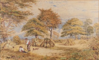 J.G., British School â€“ Harvest Scene with Figures and Hay Stooks, watercolour, signed with initials and dated 1859, 32cm x 52cm, within a gilt composition frame.