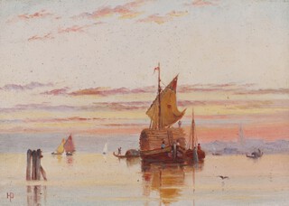 Henry Pilleau (	British, 1815-1899), Barges and Gondolas on the Lagoon, Venice, oil on card, signed with monogram, 17cm x 24cm, within a painted wood and gilt frame.