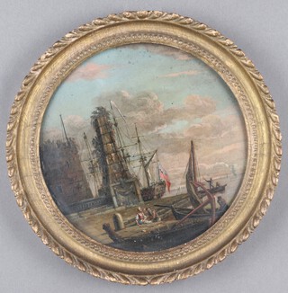 Circle of Claude-Joseph Vernet (French, 1714-1789), Harbour Capriccio with Classical Ruins, Ships, Boats and Figures, tondo 18th century oil on panel, 22cm diameter, within a raked knull gilt composition frame.