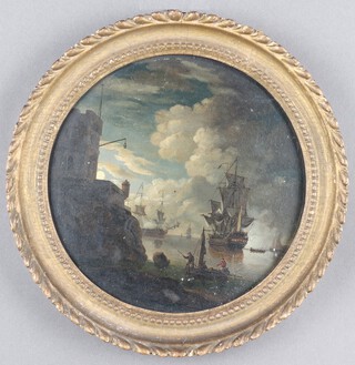 Circle of Claude-Joseph Vernet (French, 1714-1789), Harbour Capriccio with Castle, Ships, Boats and Figures, tondo 18th century oil on panel, 22cm diameter, within a raked knull gilt composition frame.