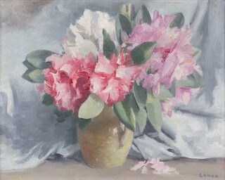 Philip Lambe, Still Life with Flowers in a Vase, mid-20th century oil on canvas, signed recto, Sheengate Galleries label verso, 39cm x 49cm, within a painted and gilt composition frame.	