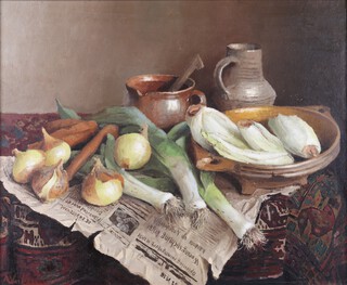 Anton Verhoeven (Dutch, 1920-2006), Still Life with Vegetables, Slipware and Newspaper on a Table, oil on canvas, indistinctly signed, 58cm x 69cm, within a gilt composition frame.	