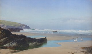 David James (1853-1904), "Fistral Bay, Cornwall", oil on canvas, signed recto, titled and dated 1900 verso, 29cm x 49cm, within a gilt composition frame.	
