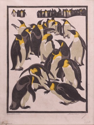 **Norbertine von Bresslern-Roth (Austrian, 1891-1978), "Penguins", linocut, signed, titled and inscribed in pencil, 28cm x 21cm, within a cardboard mount **Please note Artists Resale Rights may be payable upon this lot