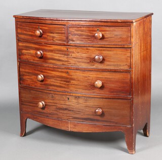 A 19th Century mahogany bow front chest of 2 short and 3 long drawers with turned handles, raised on splayed bracket feet 103cm h x 104cm w x 51cm d 