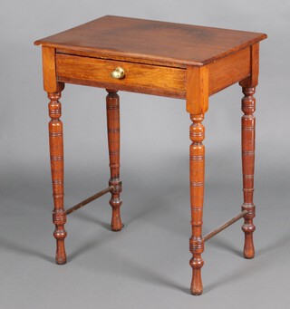 An Edwardian oak and walnut side table fitted a drawer with brass handle, raised on turned supports with turned stretchers 76cm h x 61cm w x 43cm d 