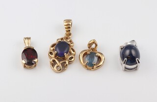 Three 9ct gold gem set pendants, yellow gold testing as 9ct yellow gold gem set pendant and 1 other pendant (4)