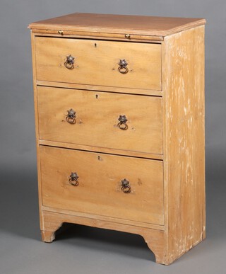 A 19th Century pine chest with brushing slide above 3 long drawers with with replacement drop handles, raised on bracket feet 99cm h x 66cm w x 38cm d 