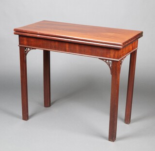 A 19th Century rectangular inlaid mahogany tea table fitted a frieze drawer, raised on square tapered supports 72cm h x 84cm w x 42cm d  