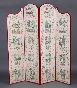 A 4 fold fabric dressing screen, the panels embroidered trees and flowers of Tudor England 77cm h x 166cm when open 