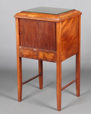 A Queen Anne style walnut commode, the top of cushion form, the cupboard enclosed by a tambour shutter, the base fitted a drawer, raised on square tapered supports 81cm h x 44cm w x 41cm d 