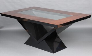 Kesterport, a contemporary black lacquered and golden speckled dining suite comprising rectangular dining table raised on a V shaped support with 2 extra leaves 77cm h x 110cm w x 183cm l x 269cm long when extended, together with 10 stick and rail high backed dining chairs and matching sideboard fitted 4 cupboards  76cm h x 194cm w x 54cm d 