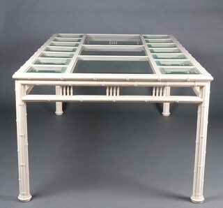 A contemporary faux bamboo dining suite comprising rectangular dining table fitted bevelled plate glass panels 78cm h x 112cm w x 192cm l, together with 6 faux bamboo dining chairs - 2 carvers, 4 standard 