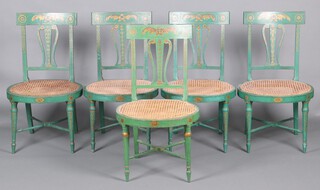 A set of 5 19th Century Continental green and gilt painted bar back chairs with lyre shaped slat backs and woven cane seats, raised on turned supports with H framed stretcher 85cm h x 49cm w x 43cm d 