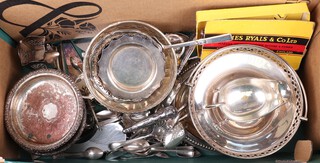 A pair of silver plated pedestal bowls, a cake basket with swing handles and other silver plated items 