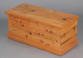 A pine trunk with hinged lid, raised on a platform base 40cm h x 92cm w x 41cm d (water mark to top) 