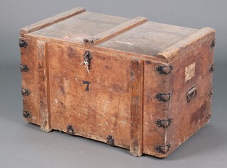 A pine trunk with hinged lid and iron drop handles 54cm h x 86cm w x 53cm d 