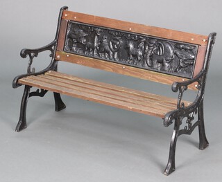 A child's wooden slatted and metal framed garden bench the back panel decorated animals 52cm h x 84cm w x 33cm d 