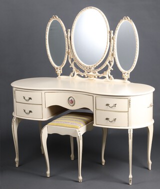 A Louis style kidney shaped dressing table with triple plate mirror, the base fitted 1 long and 4 short drawers, raised on cabriole supports 140cm h x 133cm w x 45cm d, together with a matching stool and a slat back chair 