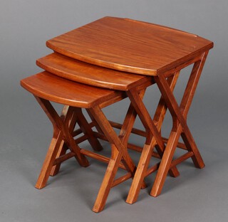 A nest of 3 mid-century hardwood coffee tables, on X framed supports 44cm h x 45cm w x 40cm d 