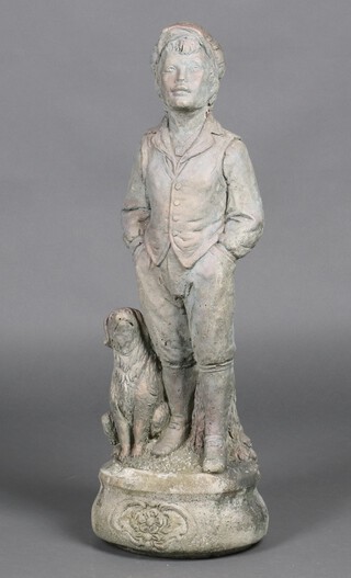 A well weathered concrete garden  figure of a standing boy with dog 66cm h 