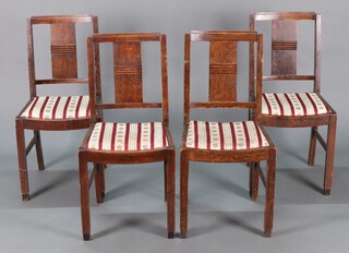A set of 4 1930's Art Deco oak slat back dining chairs with upholstered drop in seats 89cm h 