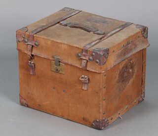 A Victorian fibre and leather bound trunk with hinged lid 37cm x 47cm x 38cm 
