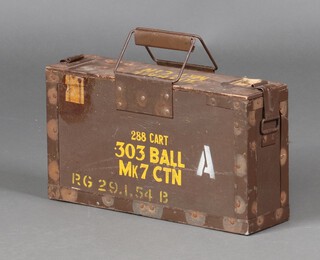 A wooden and metal bound ammunition box, marked 288 Cart 303 Ball  Mk7 CTN 23cm x 40cm x 12cm 