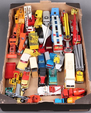 A Dinky Toys 970 Jones Fleetmaster Crane, a ditto 972 20 Ton Lorry Mounted Crane, a Leyland Octopus Shell Oil Tanker and other commercial vehicle models, contained in a fruit box 