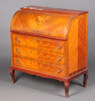 A 20th Century inlaid Kingwood cylinder bureau with fall front above 3 long drawers, raised on cabriole supports supports 97cm h x 99cm w (requires a polish)