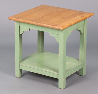 A square pine and green painted 2 tier occasional table 56cm h x 52cm 